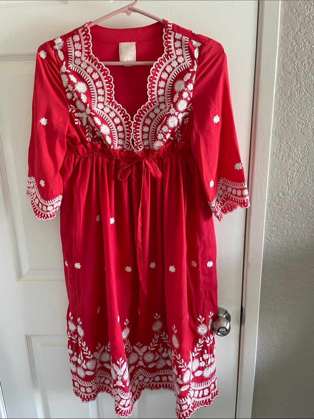 James Coviello for Anna Sui Red Embroidered Peasant Dress with White Accents S
